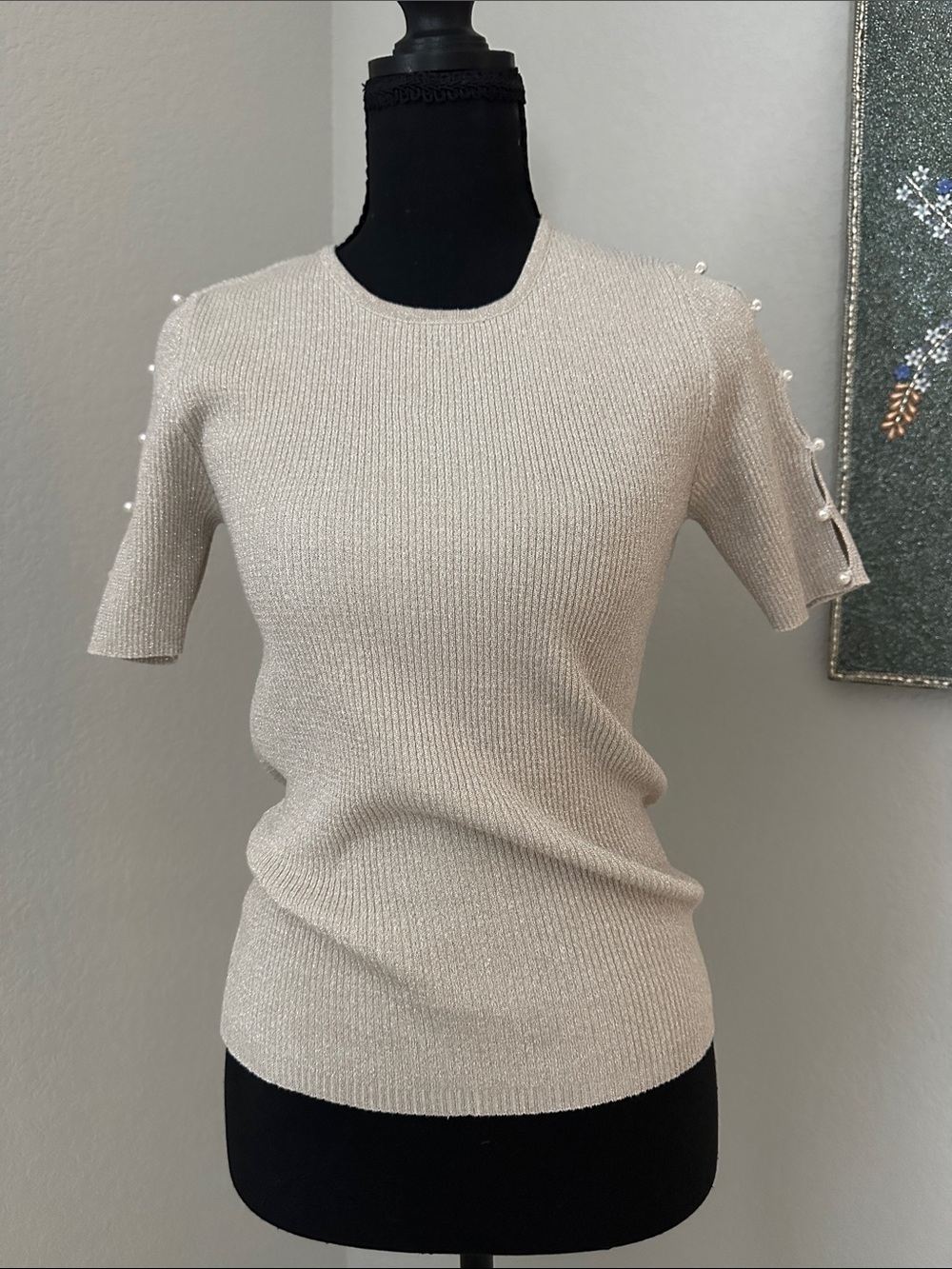 Pearl-Trim Short Sleeve Knit Top - Cream